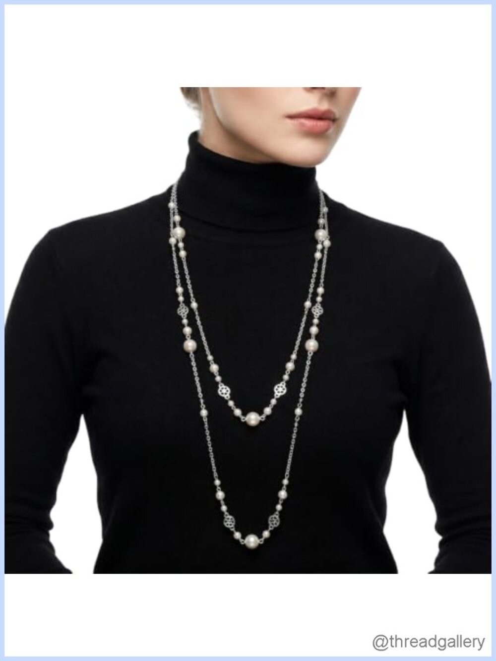 Long Layered Pearl Necklaces for Women Silver Chain Statement Jewelry